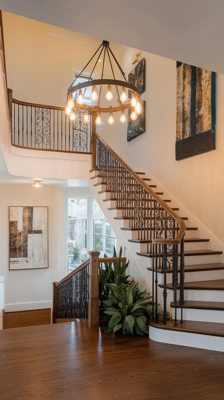 The warmth of modern Victorian design meets the grandeur of a beautiful foyer staircase.  This stunning space, with its intricate iron railing and illuminated wooden balustrade, showcases the art of decorating rooms with timeless elegance.  The rich dark wood floors and carefully chosen artwork complete the inviting ambiance.