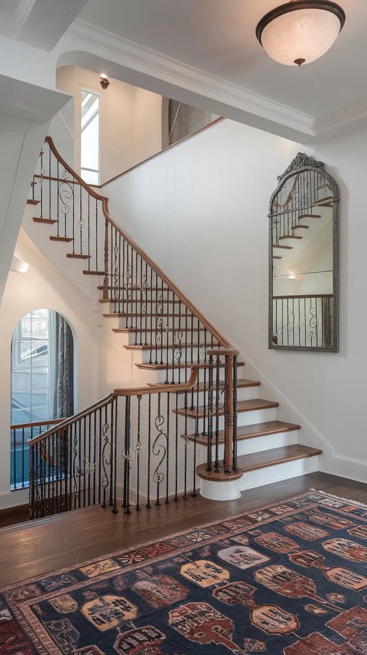 Elegant wrought iron and wood define a breathtaking staircase in a bright white Victorian-style foyer, complemented by a patterned rug and ornate mirror.