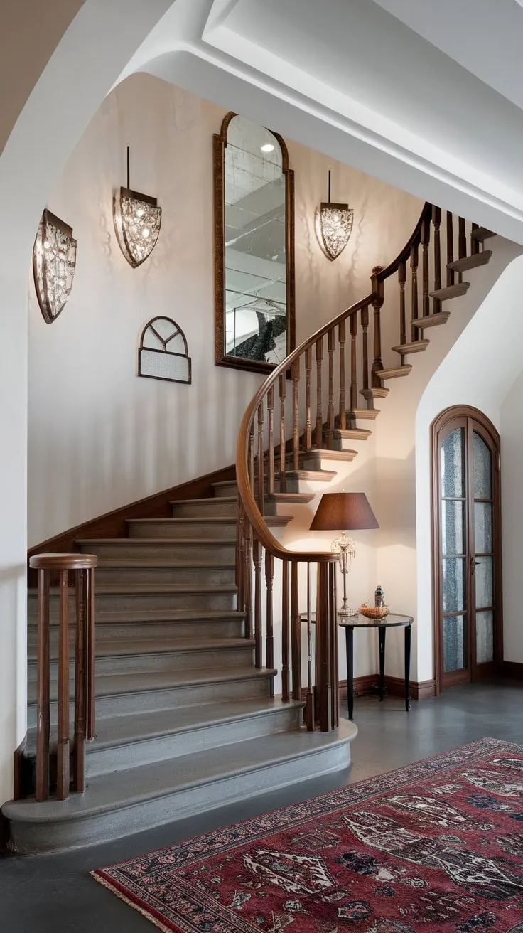 Elegant stone steps ascend a dramatic wooden-railed staircase in a bright white Victorian foyer, complete with stylish lighting and a welcoming seating area.