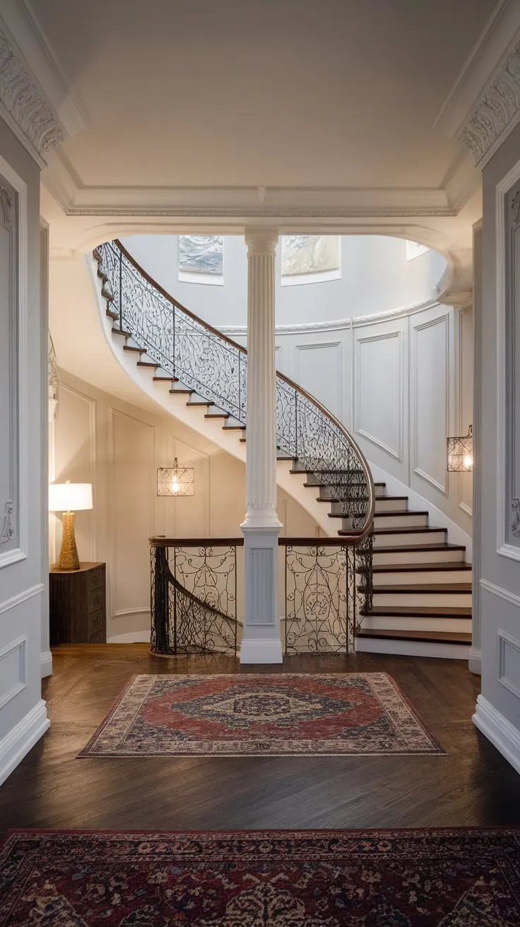 A dramatic wrought-iron staircase spirals elegantly in a high-ceilinged Victorian foyer, its dark wood floor and ornate moldings creating a stunning modern interpretation