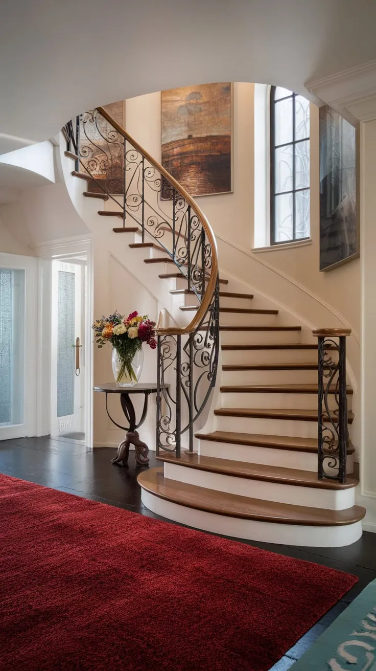 A stunning spiral staircase, crafted from wrought iron and wood, commands attention in a modern Victorian foyer, its beauty enhanced by a red rug and tasteful artwork.