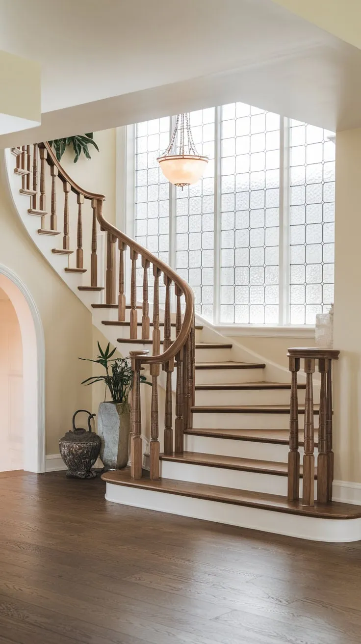 A stunning wooden staircase anchors a light-filled modern Victorian foyer, its beauty enhanced by decorative accents and a large patterned window.