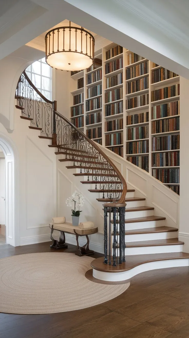 A breathtaking staircase with wrought-iron detailing anchors a modern Victorian foyer, complemented by a built-in bookcase and elegant circular rug.