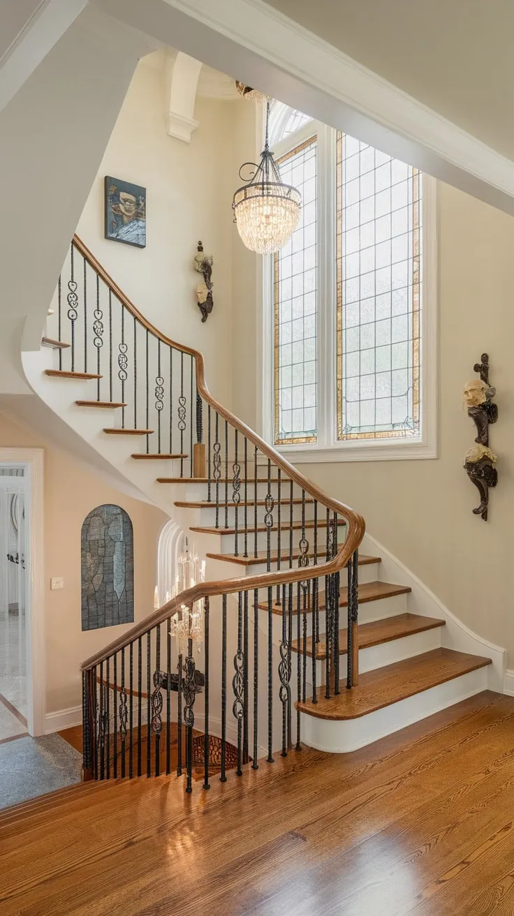 A stunning modern Victorian foyer boasts a wrought-iron and wood staircase, accented by stained glass, hardwood floors, and a dramatic chandelier