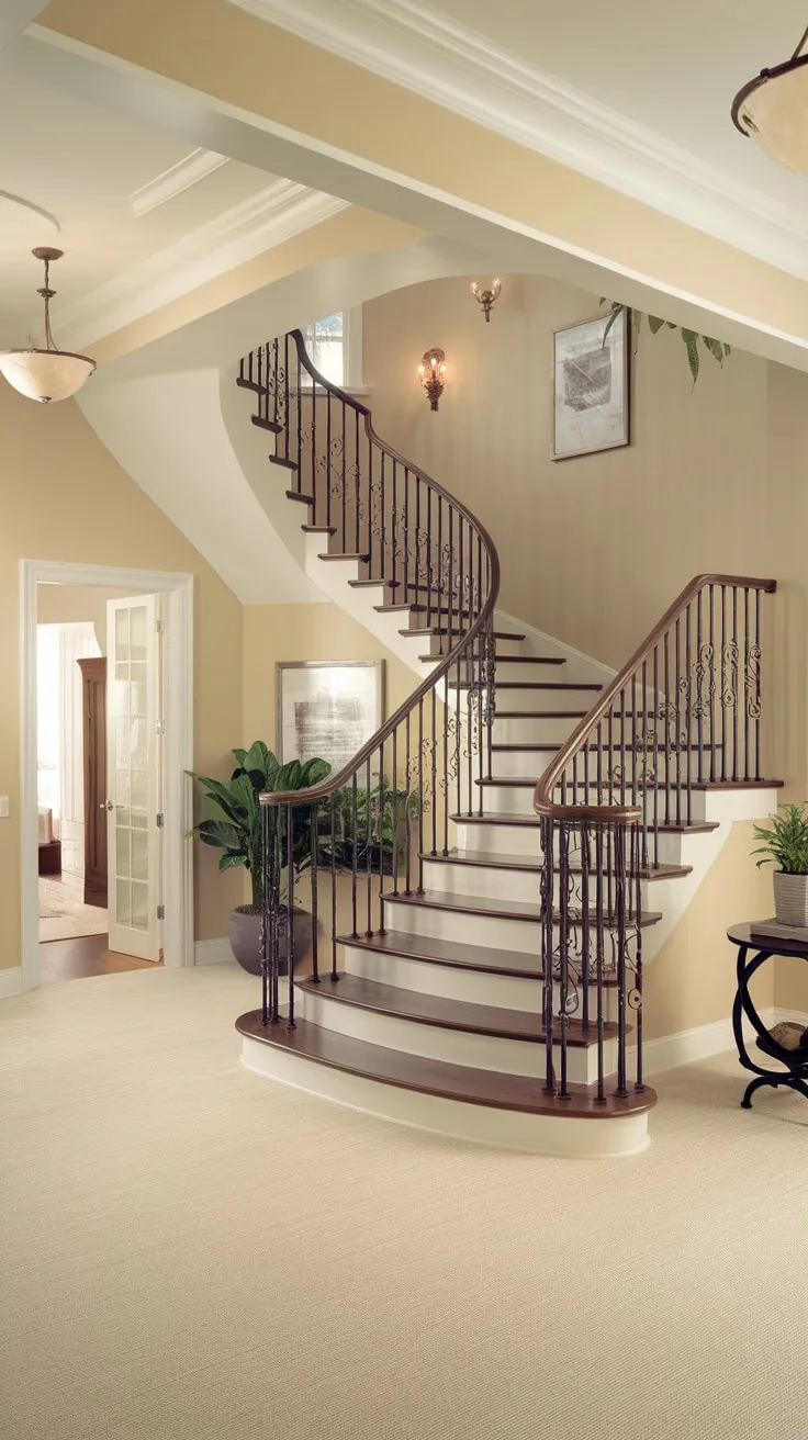 A dramatic dark hardwood staircase with ornate iron railings ascends in a modern Victorian foyer bathed in soft beige tones