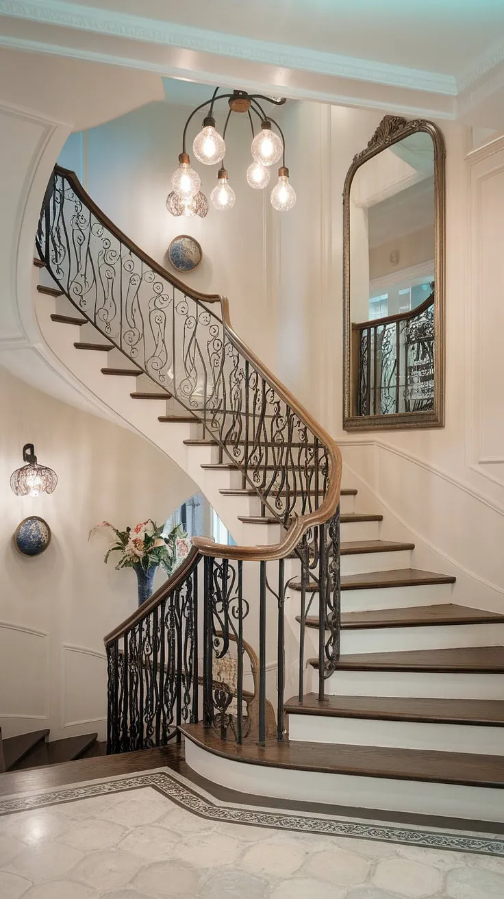 This stunning foyer staircase exemplifies modern Victorian design at its finest.  The beautiful stairs, adorned with exquisite details, are a focal point of this meticulously decorated rooms space.  A perfect blend of old-world charm and modern sophistication.
