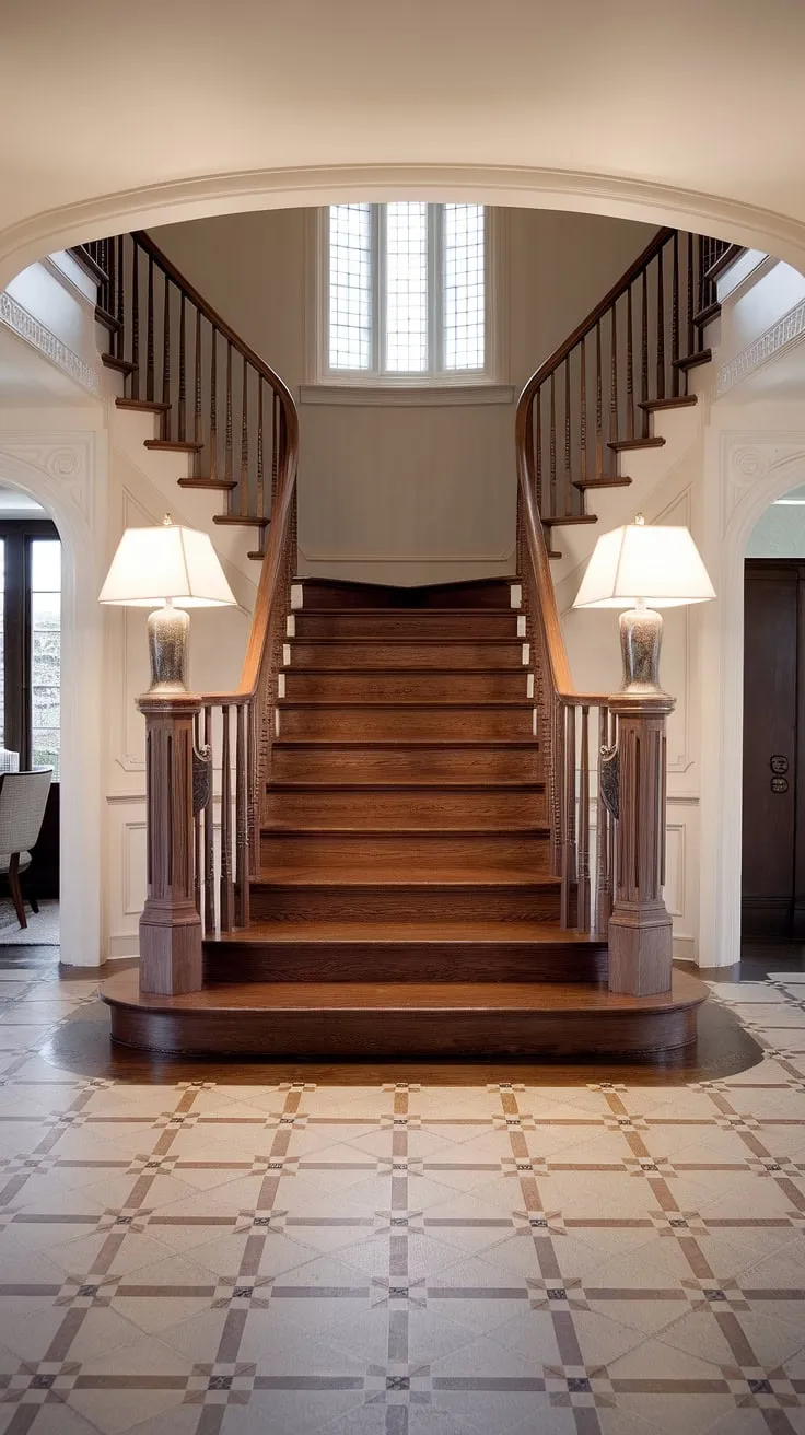 Where modern meets Victorian elegance. This foyer staircase, with its beautiful stairs and dark wood railing, is a masterclass in decorating rooms.  The light-colored walls and patterned floor create a stunning contrast.