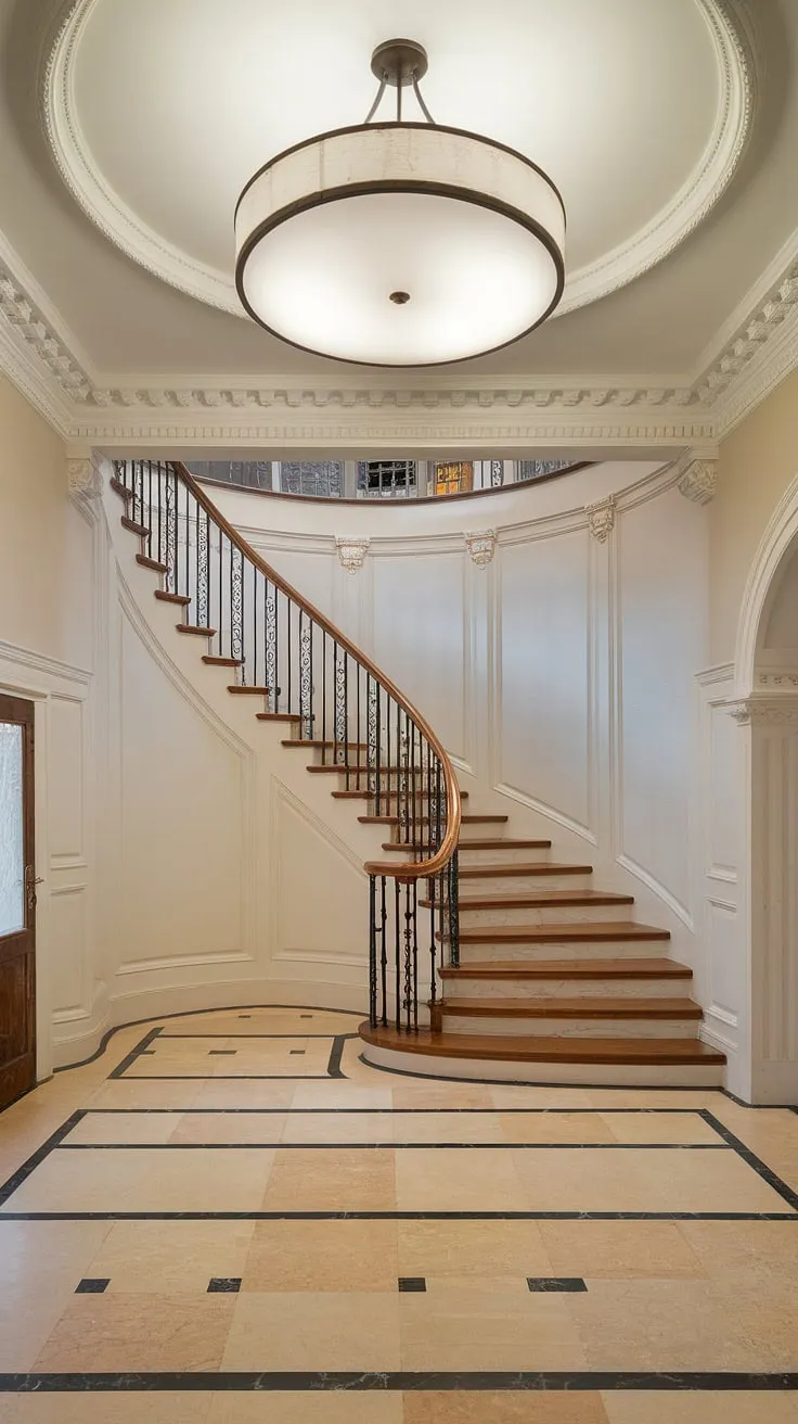 A breathtaking foyer staircase showcasing the best of modern Victorian design.  The beautiful stairs, crafted from marble and wood, are the centerpiece of this exquisitely decorated rooms. A testament to timeless style and meticulous craftsmanship.