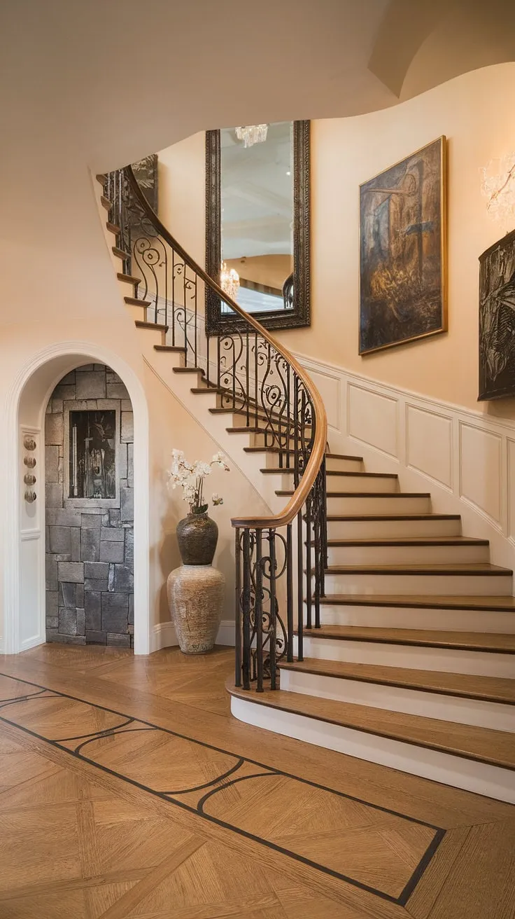 A breathtaking foyer staircase showcasing the best of modern Victorian design.  The beautiful stairs, adorned with exquisite ironwork and curved wooden rails, are the centerpiece of this stunningly decorated room.