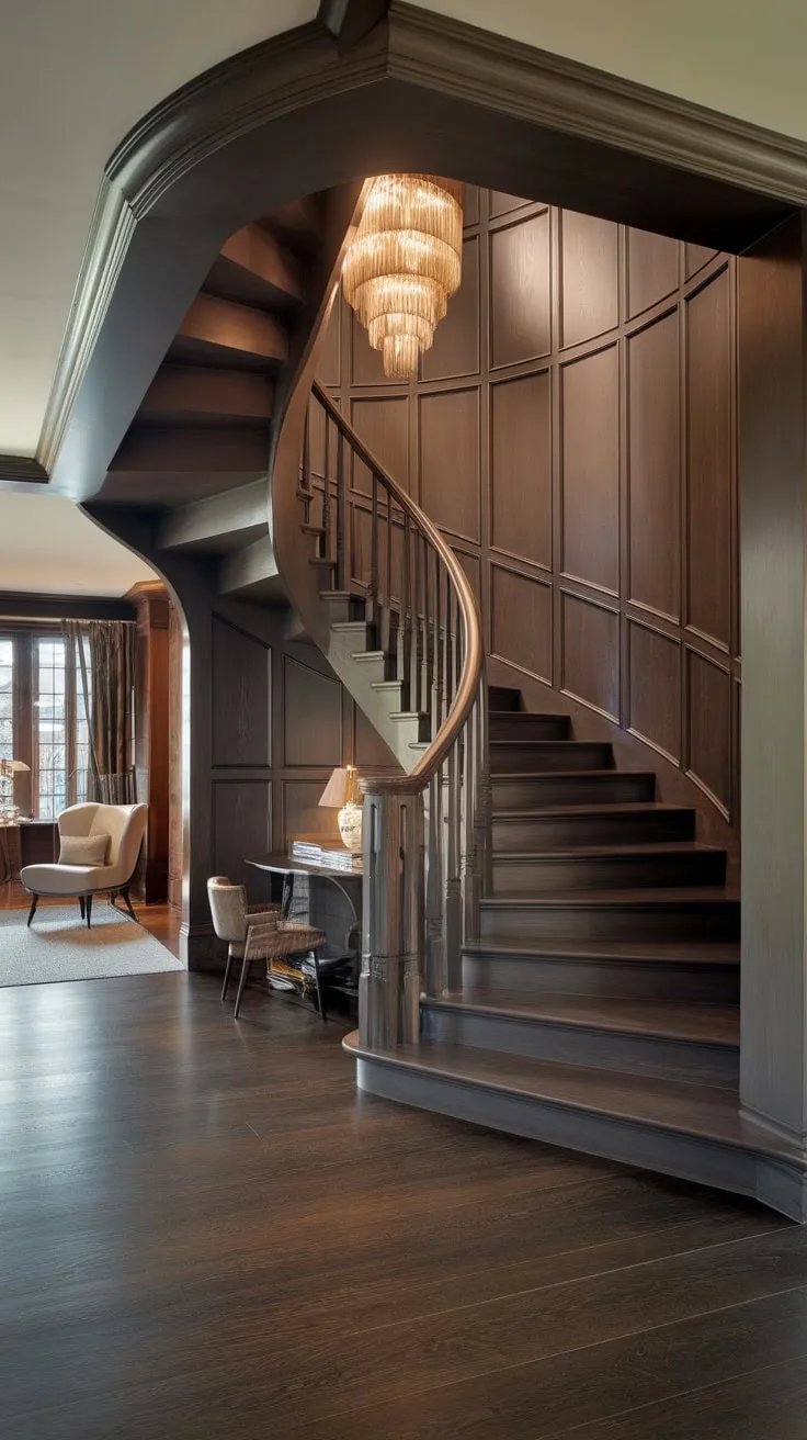 A dramatic spiral staircase dominates a dark wood Victorian-style foyer, illuminated by a chandelier and accented with decorative paneling