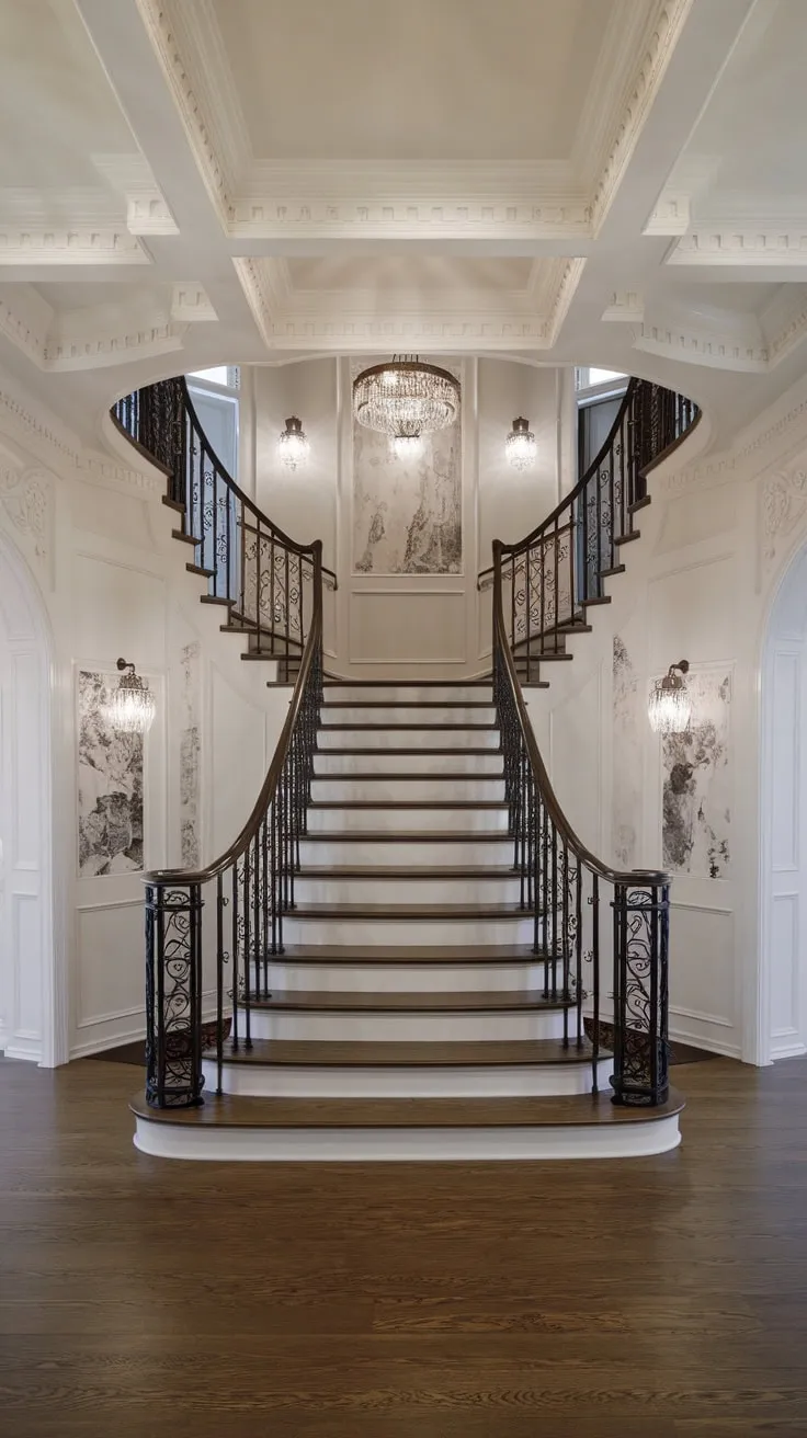 Elegantly crafted wrought iron railings ascend a grand staircase in a modern Victorian foyer, illuminated by a chandelier and detailed wall moldings.