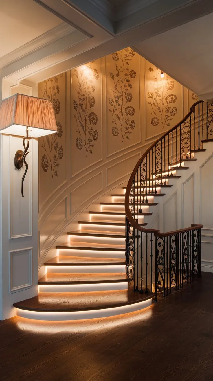 A dramatic modern Victorian foyer boasts a stunning wrought-iron and wood staircase, its backlit steps casting a welcoming light on ornate wall panels and rich dark floors.