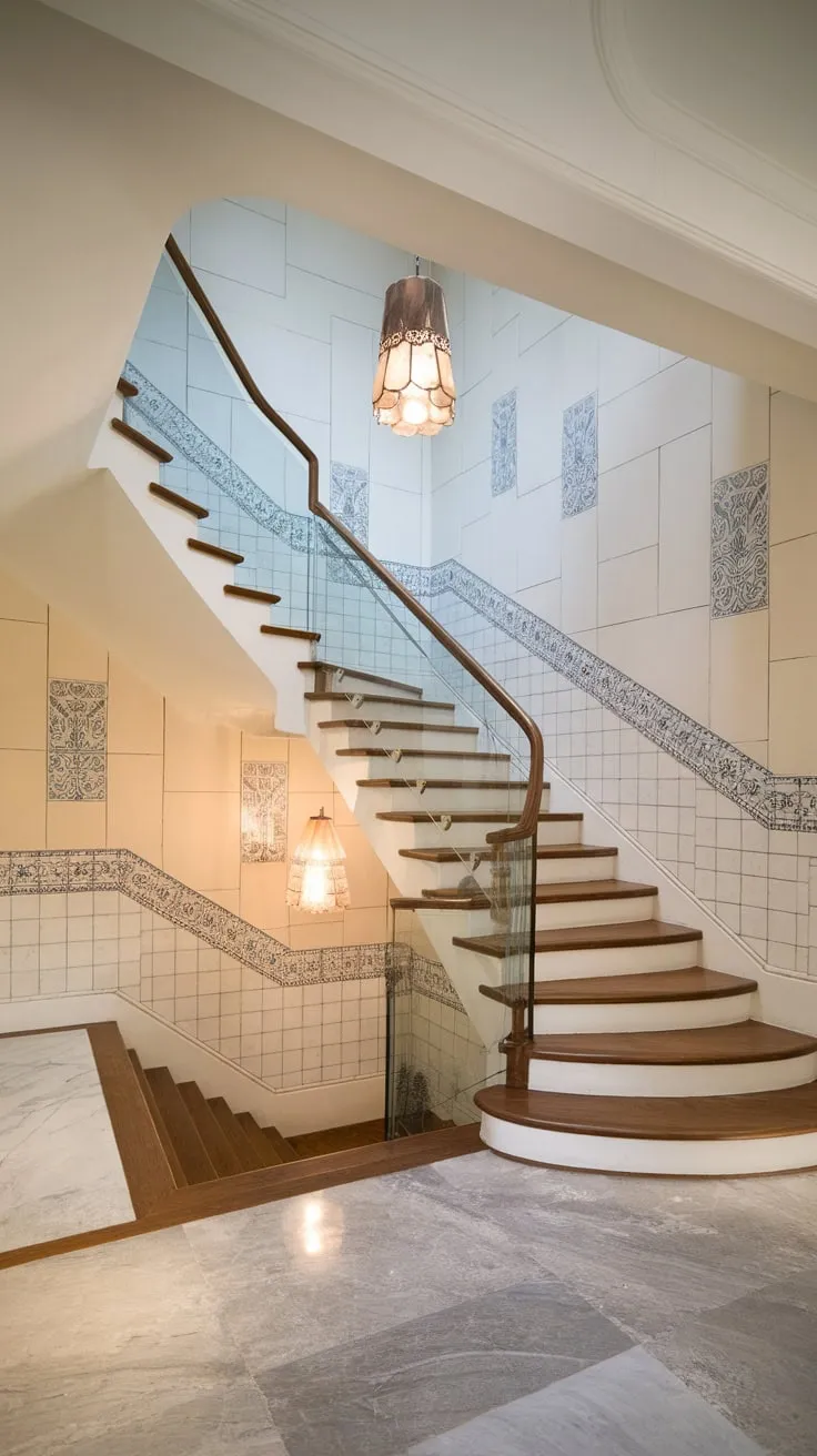 Elegant marble floors and decorative tiles accent a breathtaking wooden staircase with glass railings in a high-ceilinged modern Victorian foyer, highlighted by a distinctive lampshade.