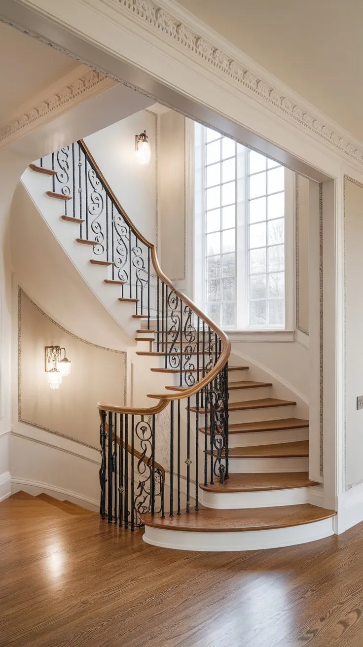 A grand modern Victorian foyer boasts a stunning wrought-iron and wood staircase bathed in natural light from a large window above