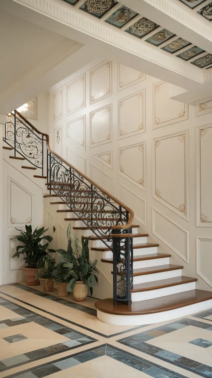 Geometric floors and a patterned ceiling enhance a dramatic wrought-iron and wood staircase in a stylish modern Victorian foyer.