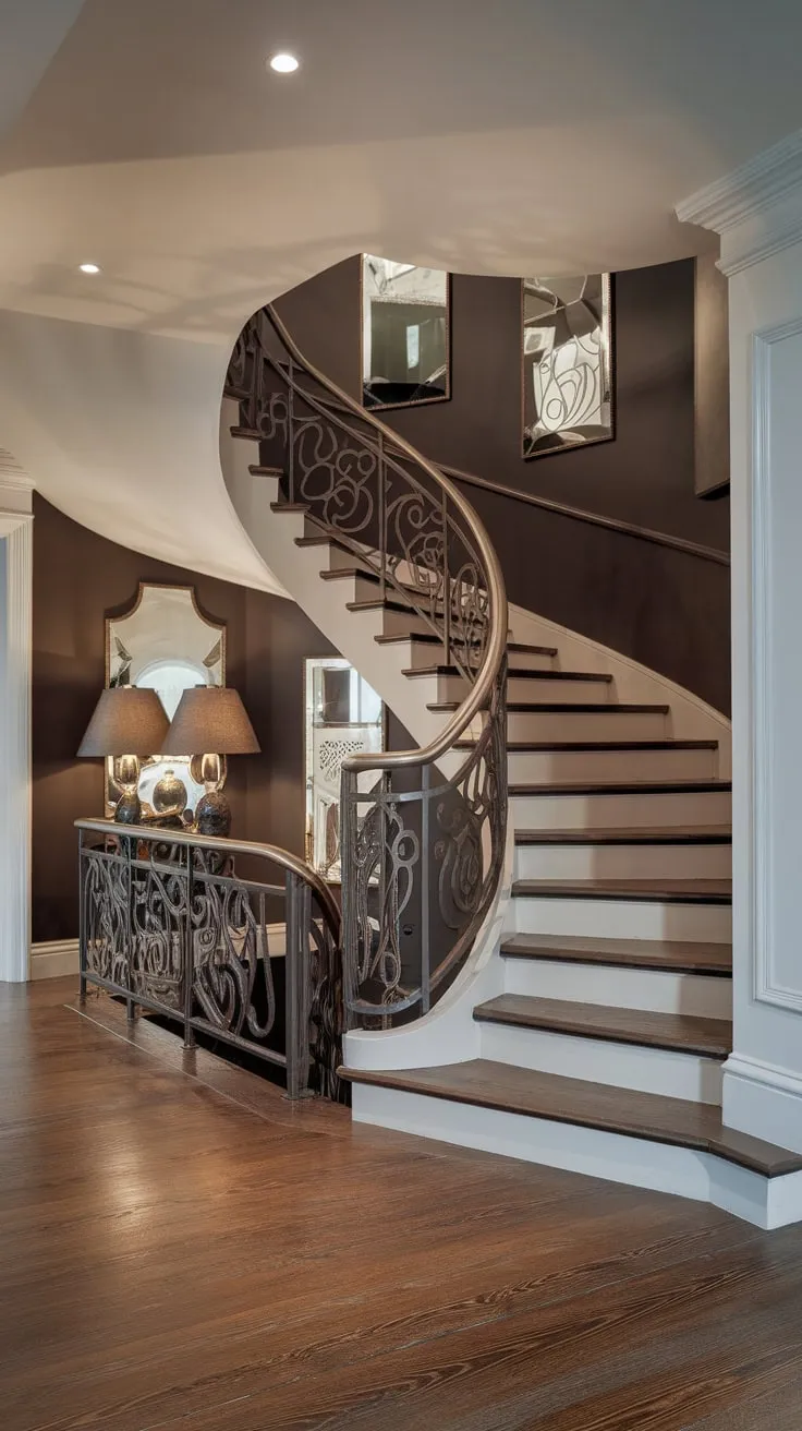 A dramatic spiraling staircase, crafted in modern Victorian style, commands a dark-walled foyer with ornate metal railings and rich wood flooring