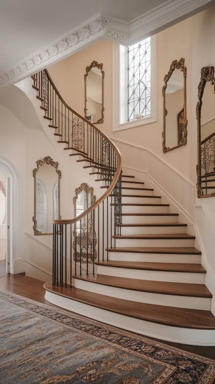 A stunning staircase, featuring dark wood steps and intricate ironwork, anchors a luxurious modern Victorian foyer adorned with ornate mirrors and a high ceiling.