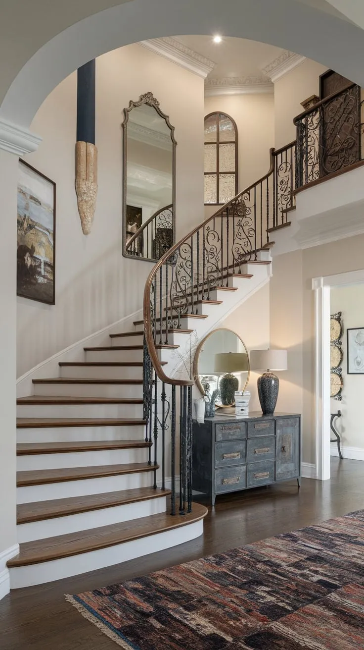 A breathtaking staircase, crafted from wrought iron and wood, anchors a stylish Victorian foyer complete with decorative wall art and a high ceiling.