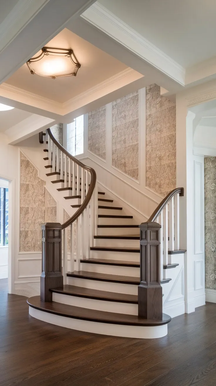 A dramatic modern Victorian foyer showcases a light wood staircase with dark railing ascending to a high, patterned-wall ceiling.