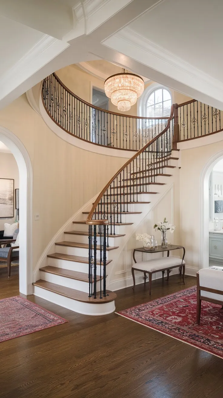 A grand modern Victorian foyer showcases a stunning wooden and iron staircase, dramatically lit by a chandelier, creating an elegant and inviting entrance.