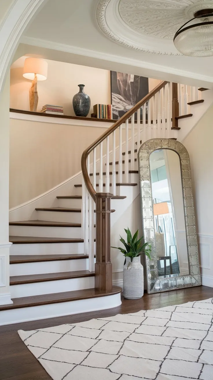 A white-staircased, dark-railed beauty anchors a modern Victorian foyer, complemented by a patterned rug, decorative mirror, and ornate ceiling.