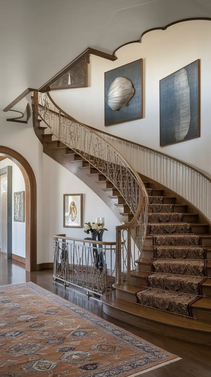 A grand modern Victorian foyer boasts a stunning wooden staircase with metallic railing, complemented by artwork, patterned rug, and high ceilings.