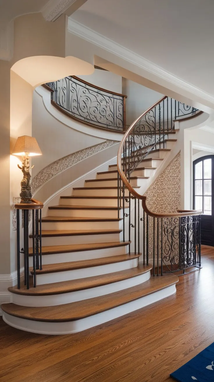 Modern design meets Victorian charm in a stunning foyer featuring a uniquely curved staircase and intricate iron railing.