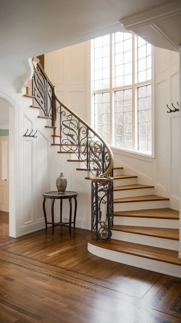 Hardwood floors and a dramatic staircase with wrought iron accents create a stunning modern Victorian foyer bathed in natural light.