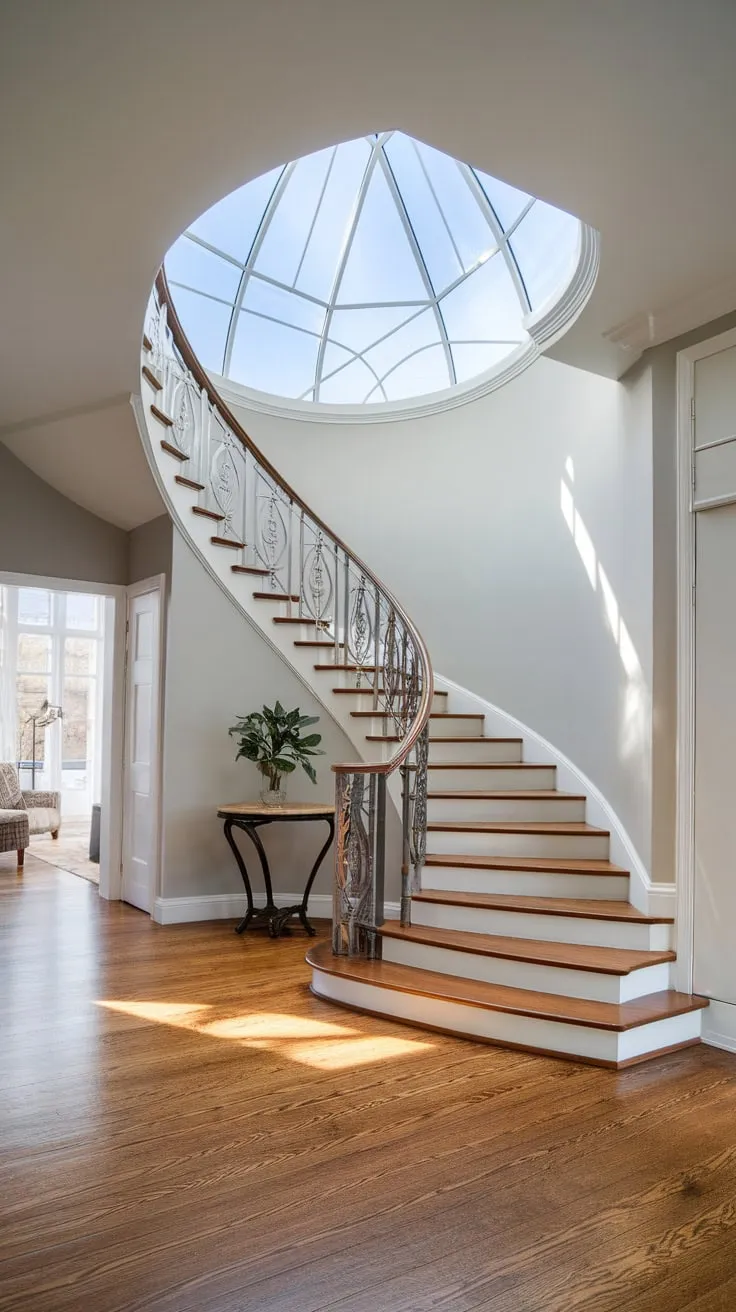 A stunning modern Victorian foyer boasts a curved staircase with a decorative metal balustrade bathed in natural light from a large skylight