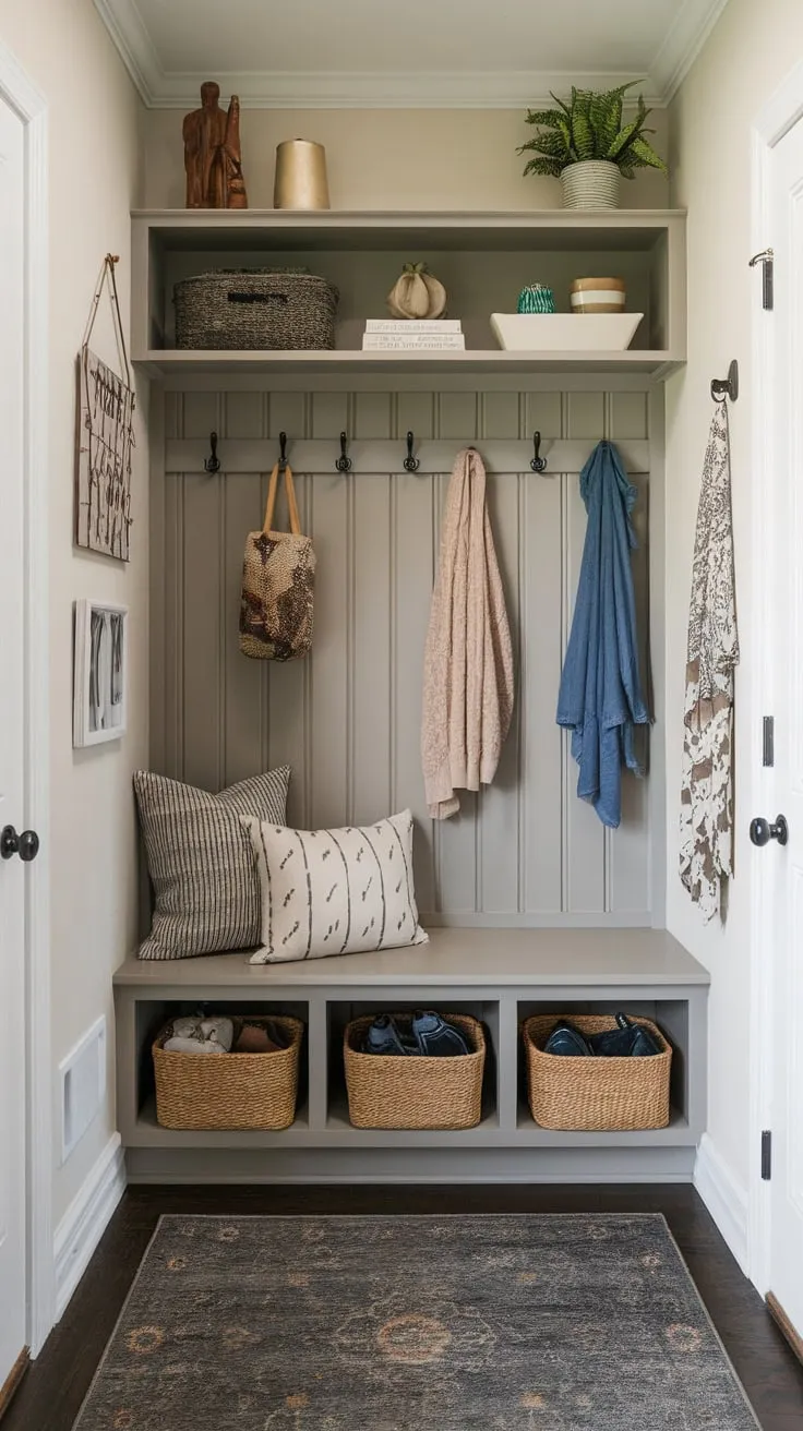 Clever storage solutions transform a tiny entryway into a functional and attractive space.