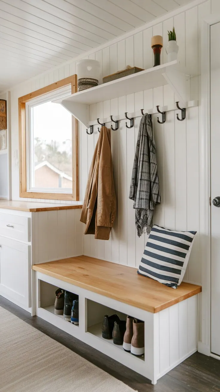 Maximize tiny home entryway space with a split-level bench and ample hooks for coats, shoes, and shelf storage