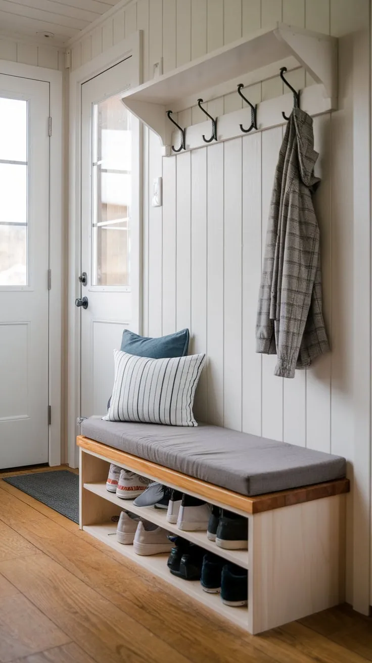 Maximize your tiny home's entryway with a space-saving bench offering coat storage above, shoe storage below, and additional wall hooks.