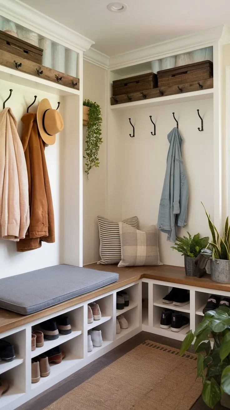 A charming rustic mudroom offers convenient coat and shoe storage via a bench with cubbies and wall hooks, enhancing foyer functionality.