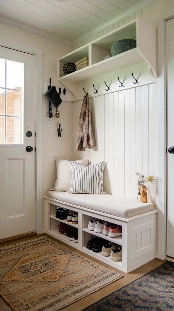 Maximize space and style in your tiny home with this clever foyer storage solution.  The entryway bench and hooks provide ample coat storage ideas, while the split entry shoe storage keeps footwear organized and hidden. This hall entryway storage setup proves that even small entry room storage can be both functional and charming.  The entrance cubby storage and mudroom storage elements seamlessly blend to create an efficient and welcoming entrance.