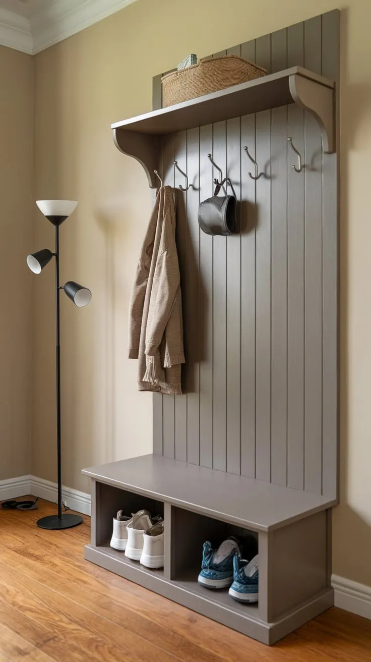 A beige-walled entryway cleverly uses a bench, shelf, and coat rack to create ample foyer storage in a small space.