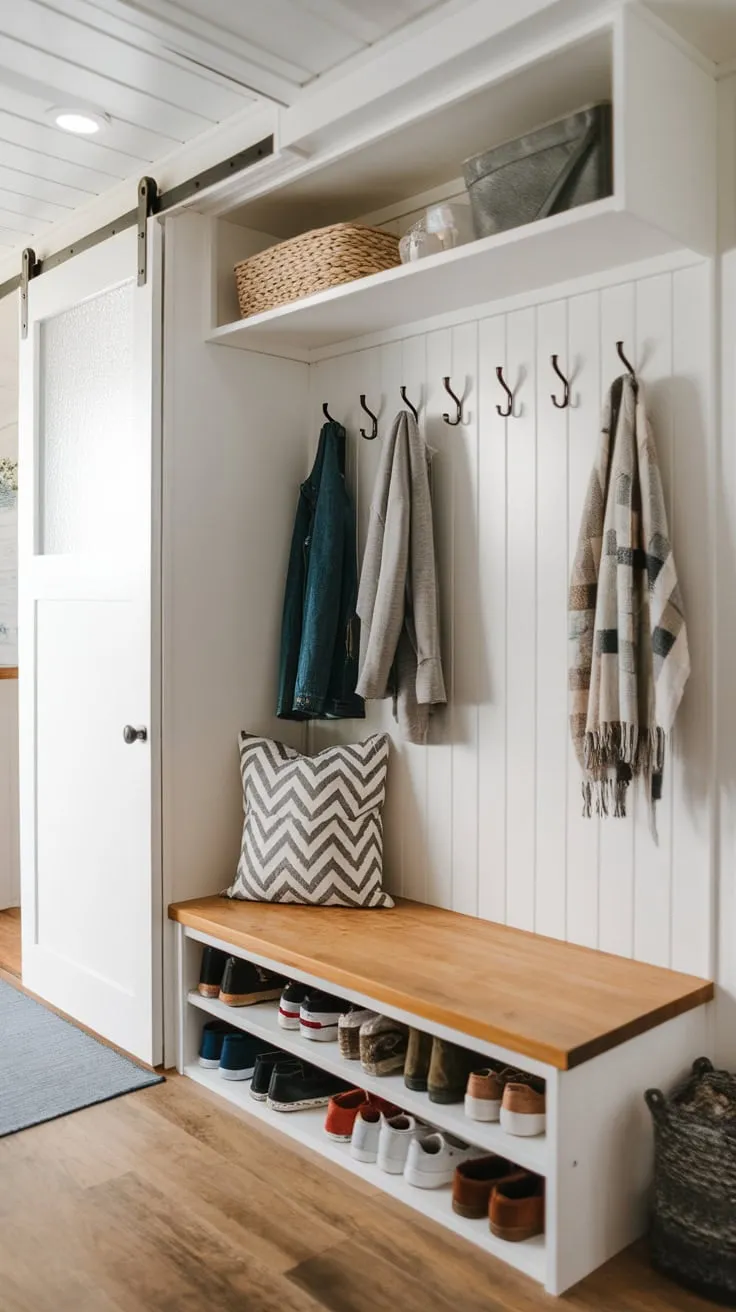 A space-saving foyer design cleverly combines a bench, overhead shelf, concealed shoe storage, and wall hooks in a tiny home.
