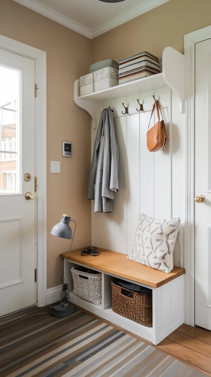 Sunlight streams into a cozy beige entryway, where a storage bench and hooks cleverly manage coats and clutter.