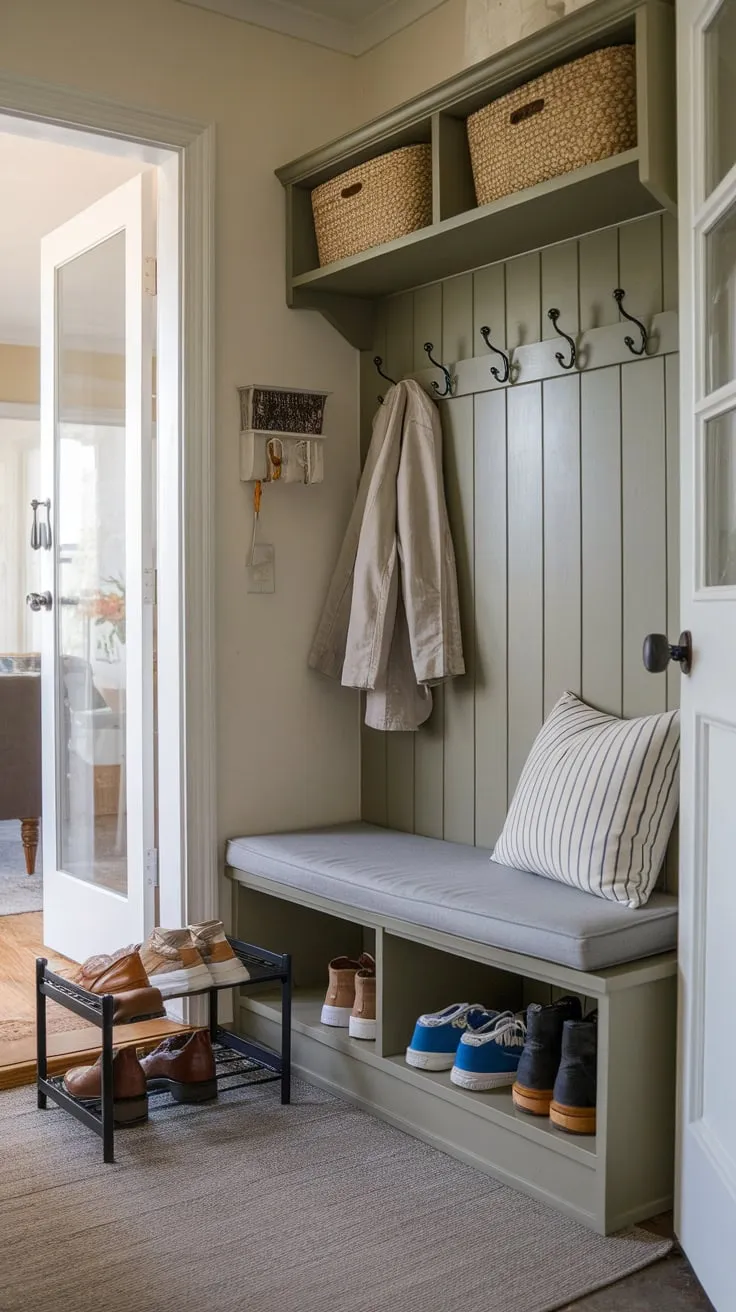 A cozy and functional entryway bench with integrated storage solutions keeps coats and shoes organized in a small space.