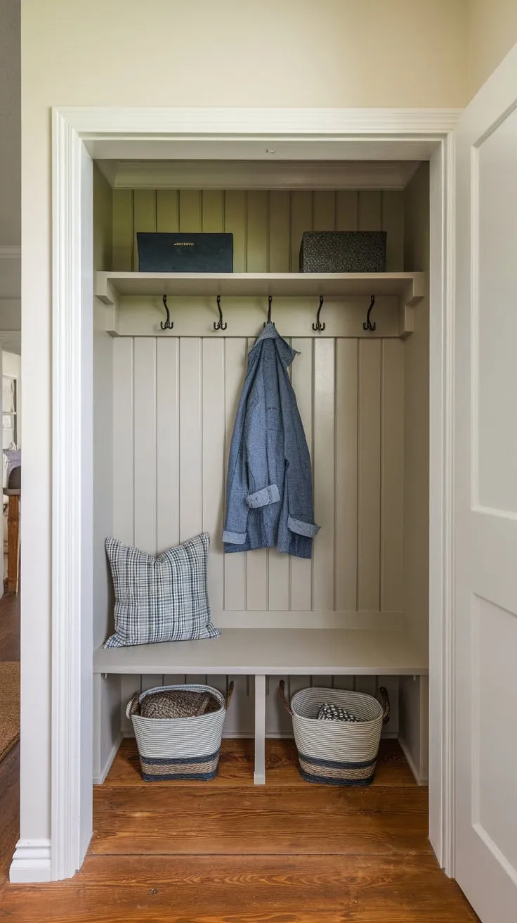 A bright, well-lit entryway closet cleverly utilizes space with a bench and overhead hooks providing efficient foyer storage.