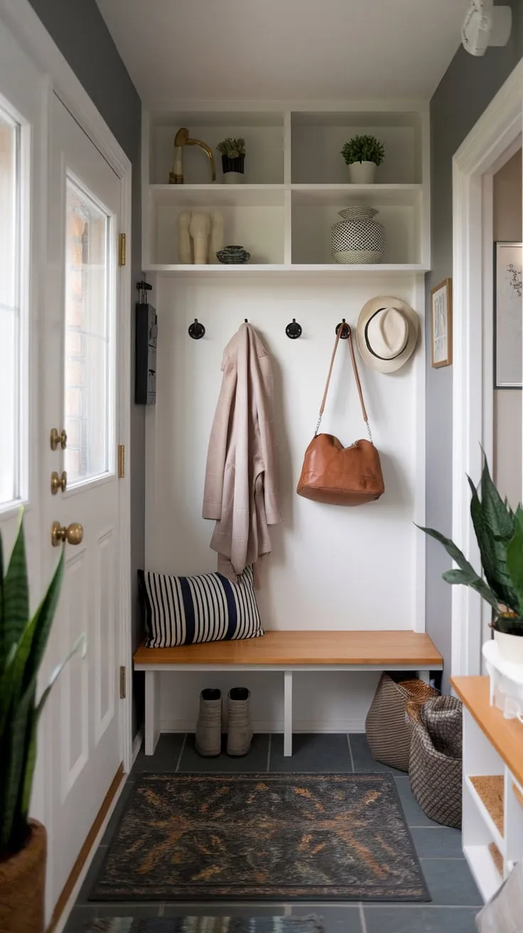A charming entryway bench, hooks, and shelves cleverly organize coats, bags, and accessories in a small space.