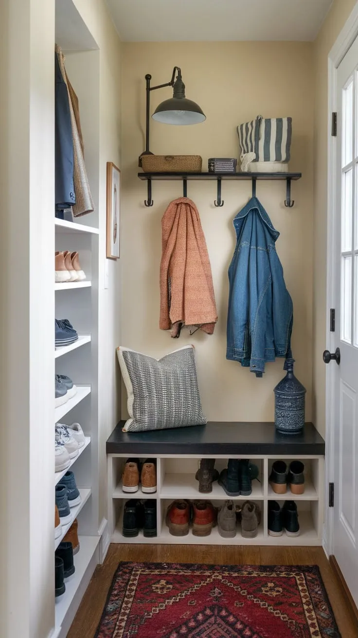 Maximize your small entryway's functionality with a bench, coat hooks, and clever shoe storage solutions.