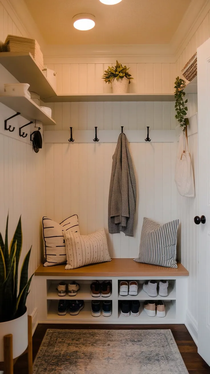 Maximize your space with clever foyer storage solutions! This small entry room boasts ample entryway storage, including a split entry shoe storage unit beneath a cozy bench with hooks for coats.  The hall entryway storage shelves and entrance cubby storage provide additional organization, perfect for even the tiniest home entryway.  Mudroom storage dreams come true in this charming space.