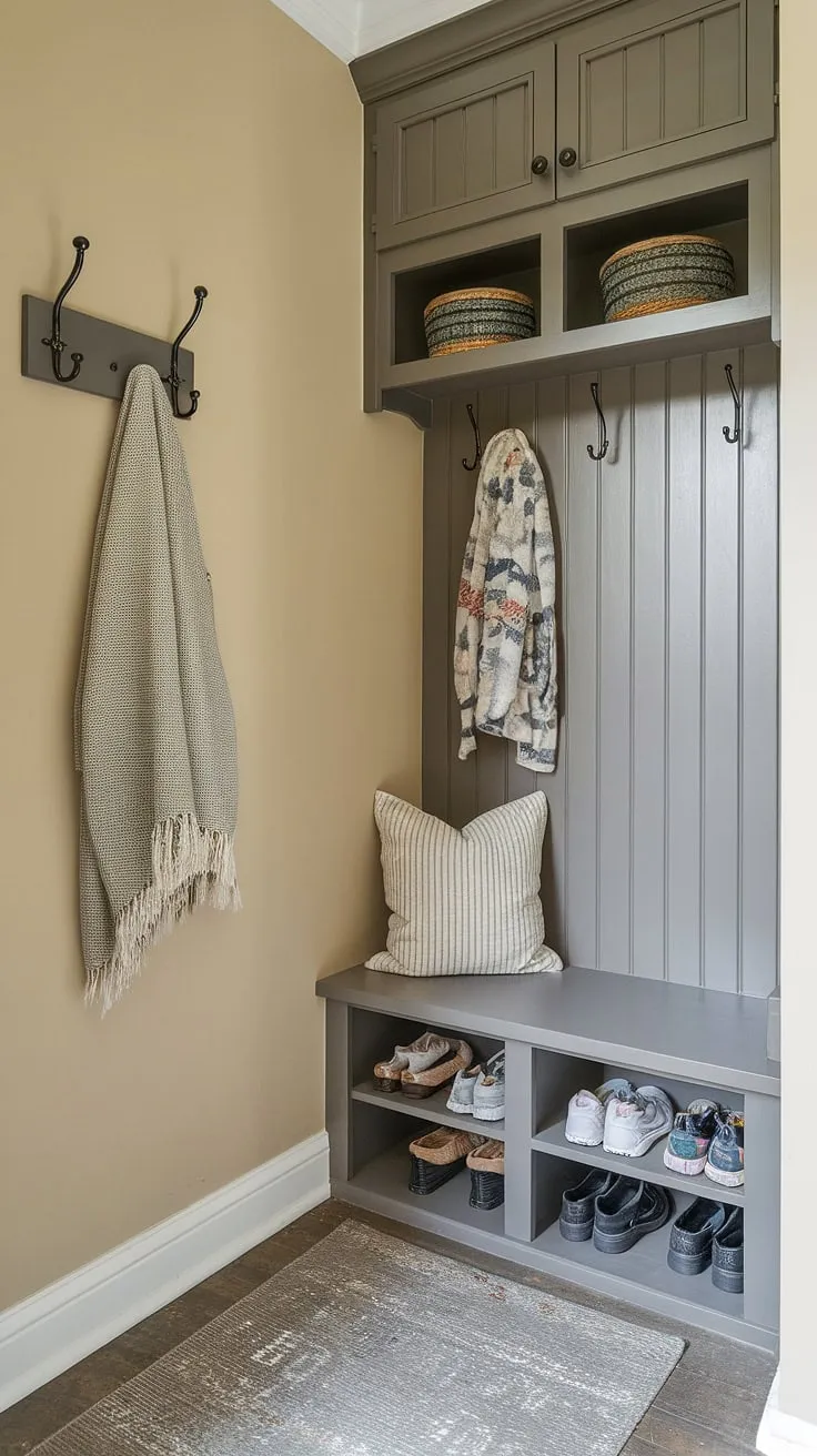 Maximize your small space with clever foyer storage solutions. This entryway bench and hooks provide ample coat storage ideas and split entry shoe storage, keeping your tiny home entryway organized.  The entrance cubby storage and hall entryway storage are perfect for mudroom storage needs, transforming a narrow entryway into a functional and stylish space.