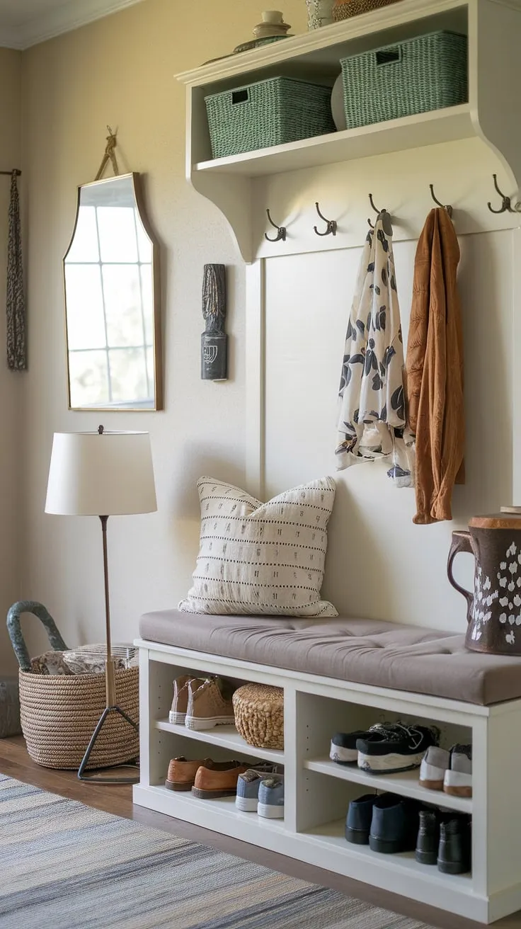 Maximize your small space with clever foyer storage solutions. This entryway bench and hooks provide ample entrance shoe storage and coat storage ideas, while the split entry shoe storage underneath keeps things tidy. Perfect for a tiny home entryway storage or any hall entryway storage needs.  This mudroom storage solution proves that even small entry room storage can be stylish and functional.