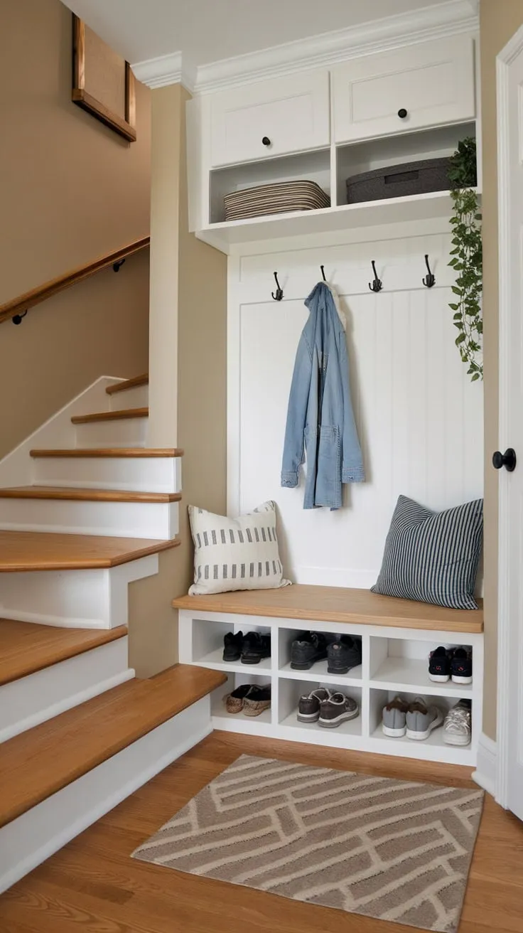 Maximize your space with clever foyer storage solutions! This split-level design cleverly incorporates entrance shoe storage, coat storage ideas, and a comfy entryway bench and hooks, all perfect for a tiny home entryway storage or a small entry room storage solution.  The hall entryway storage and mudroom storage elements seamlessly blend functionality and style.