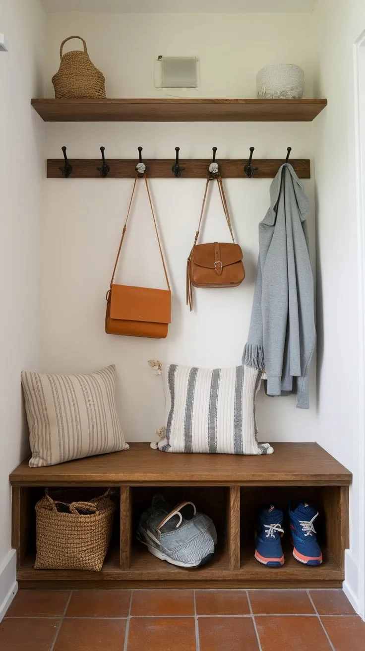 Maximize small entryway space with a wood bench offering under-seat storage and wall hooks for coats and bags