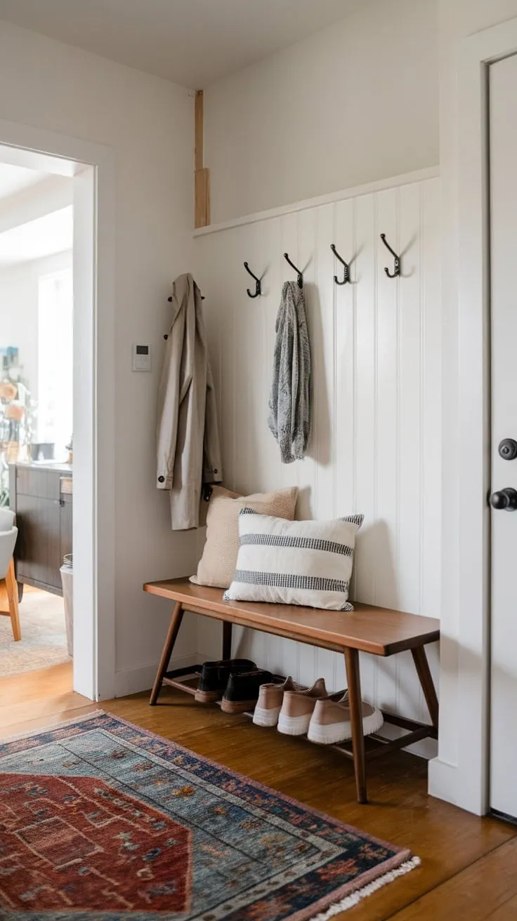 A well-lit entryway boasts ample storage via a bench, coat rack, and hooks, enhancing both style and functionality.
