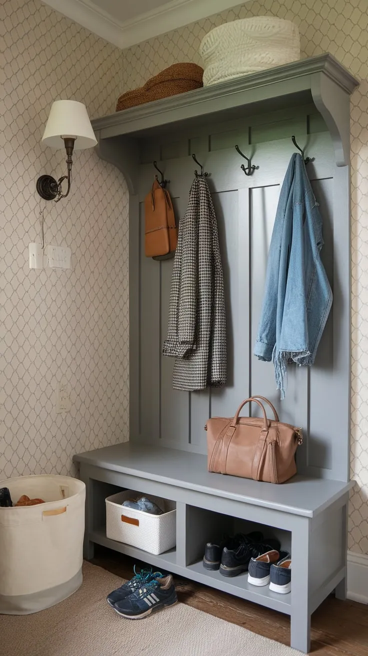 Maximize your small entryway's functionality with a stylish bench, wall hooks, and a storage basket to conquer clutter