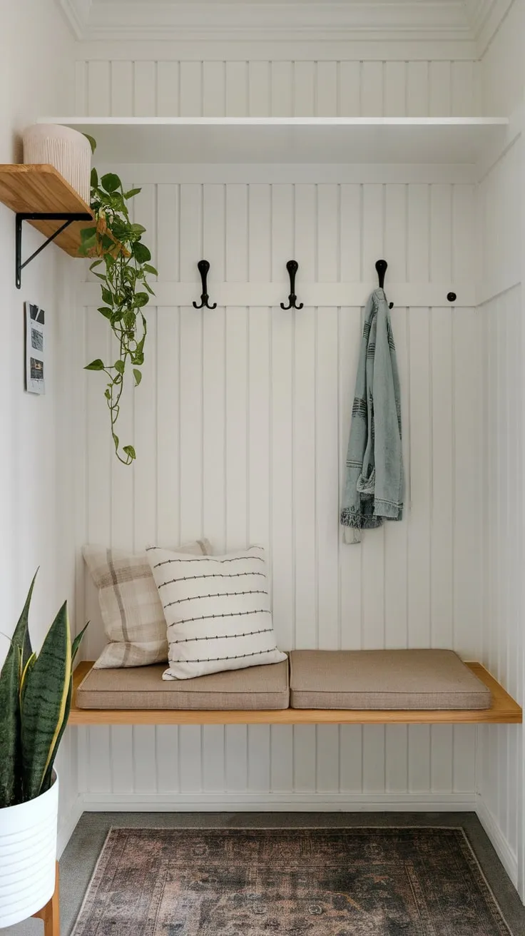 A serene minimalist entryway boasts a cushioned bench with hooks and a shelf maximizing small-space storage