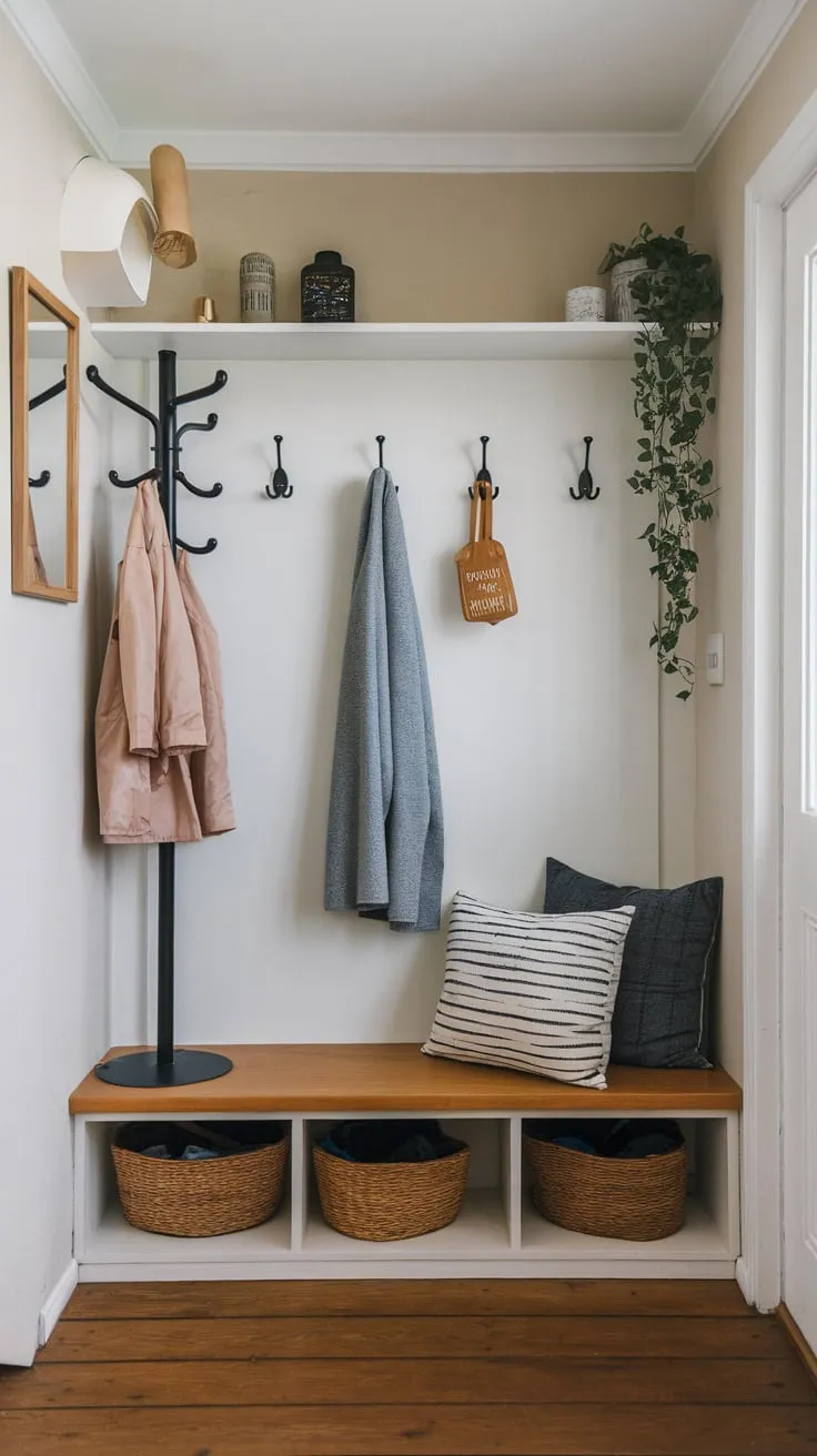 Maximize small entryway space with a bench, coat rack, and shelving for stylish and functional foyer storage